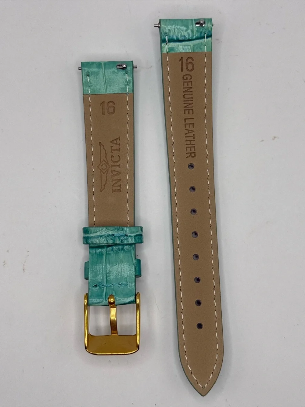 Invicta 16mm Teal Alligator Embossed Leather Watch Band Gold Tone Buckle
